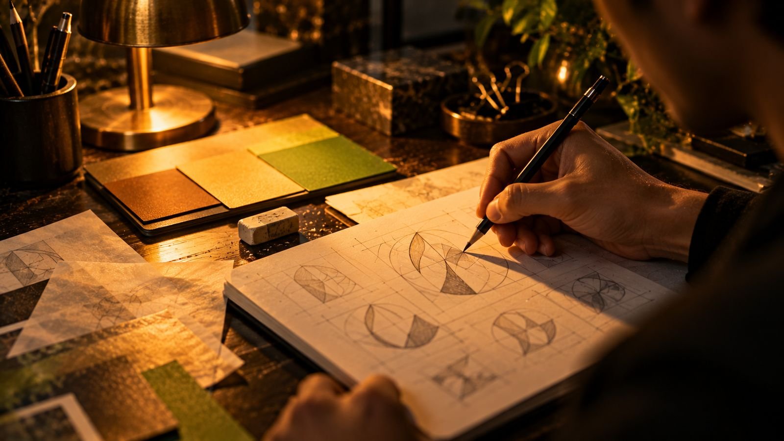 Designer sketching logo concepts under a brass desk lamp