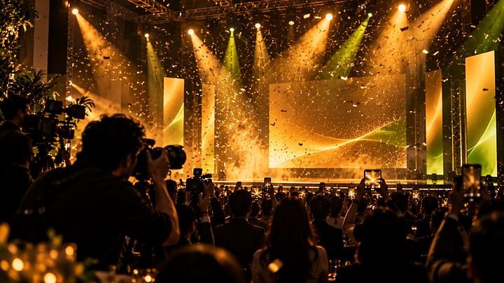 Brand launch stage with golden confetti