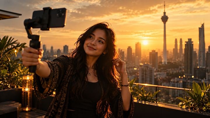 Creator filming on a rooftop at golden hour