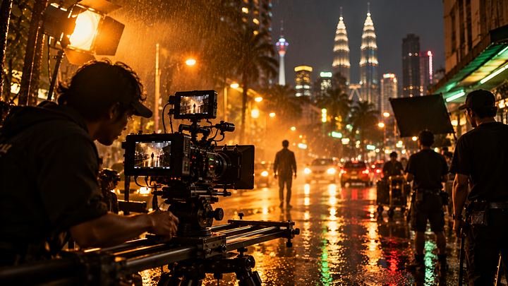 Night film shoot on a wet Kuala Lumpur street