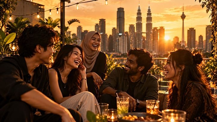 Friends laughing on a rooftop at sunset