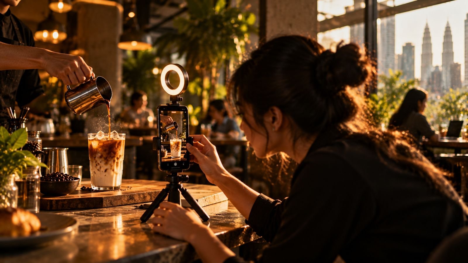Creator filming an iced coffee pour in a café
